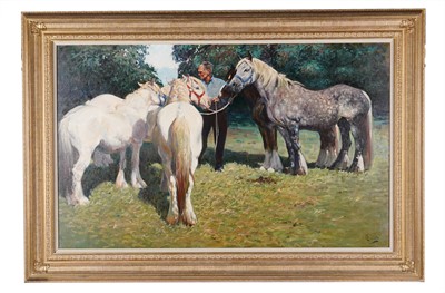 Lot 249 - Malcolm Coward - Five horses gathered round their owner | oil
