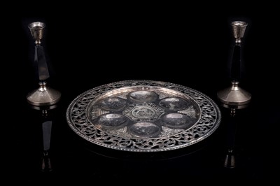 Lot 505 - A 1930s Passover (Seder) plate; and a pair of Art Deco candlesticks
