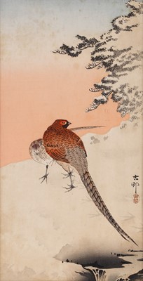Lot 363 - Ohara Koson - A pair of copper pheasants in the snow | woodblock