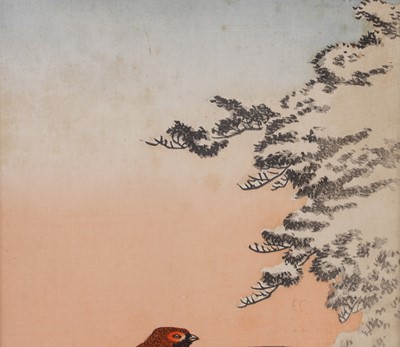 Lot 363 - Ohara Koson - A pair of copper pheasants in the snow | woodblock