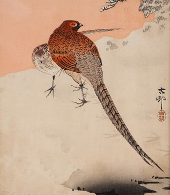 Lot 363 - Ohara Koson - A pair of copper pheasants in the snow | woodblock