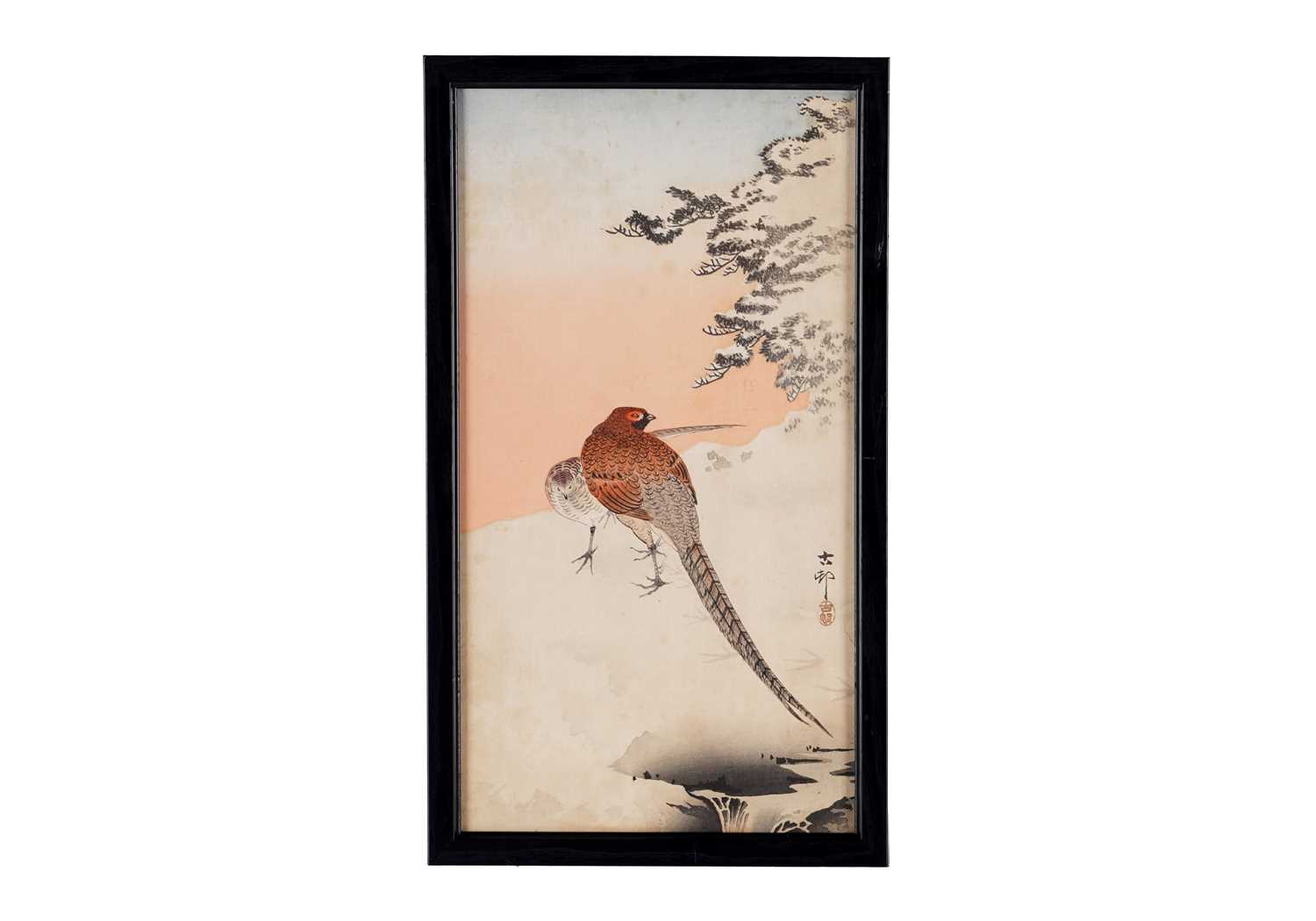 Lot 363 - Ohara Koson - A pair of copper pheasants in the snow | woodblock
