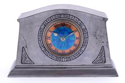 Lot 518 - Liberty & Co: a Tudric pewter and enamel mantel clock