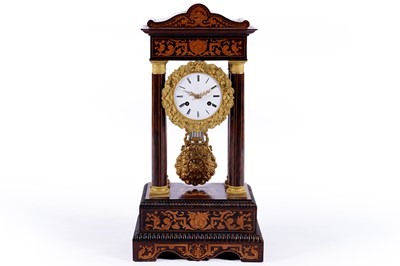 Lot 578 - A French marquetry inlaid rosewood 8-day portico mantel clock