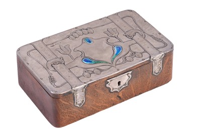 Lot 520 - An Edward VII Arts & Crafts silver and enamel mounted oak box