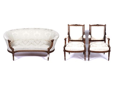 Lot 649 - French Louis XVI style walnut open armchairs; and a two seat sofa
