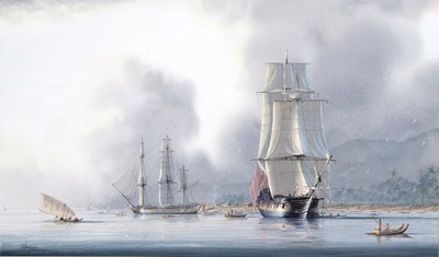 Lot 347 - Tim Franklin Ross Thompson - Resolution and Discovery at Nuku-Alofa | watercolour