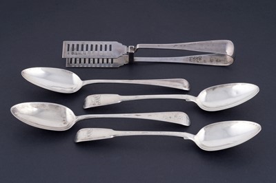 Lot 178 - A pair of Edwardian silver serving tongs; and four George III silver tablespoons