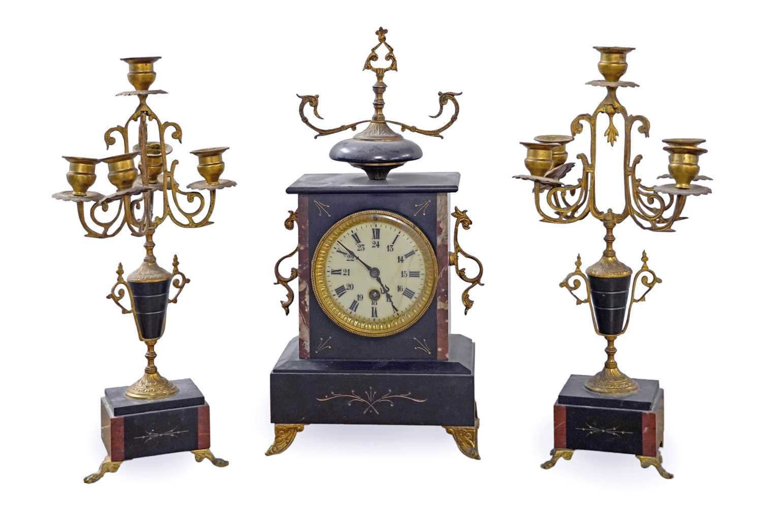 Lot 103 - A late 19th Century French 30-hour mantel clock and garnitures