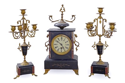 Lot 103 - A late 19th Century French 30-hour mantel clock and garnitures