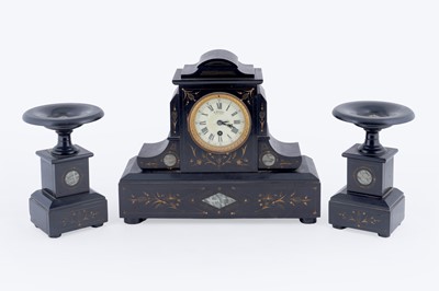 Lot 104 - Retailed by H. Becker: a late 19th Century 30 hour mantel clock and garnitures