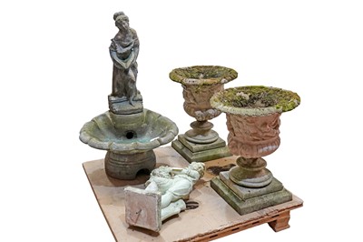 Lot 272 - A collection of composite garden planters, garden bird bath, and two garden figures