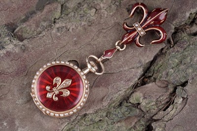 Lot 431 - Swiss 18k gold, enamel, diamond, and pearl set fob watch; and fleur-de-lys brooch fitting