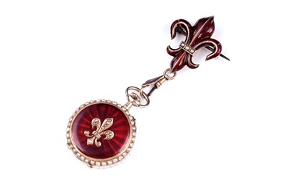 Lot 431 - Swiss 18k gold, enamel, diamond, and pearl set fob watch; and fleur-de-lys brooch fitting