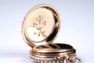 Lot 431 - Swiss 18k gold, enamel, diamond, and pearl set fob watch; and fleur-de-lys brooch fitting