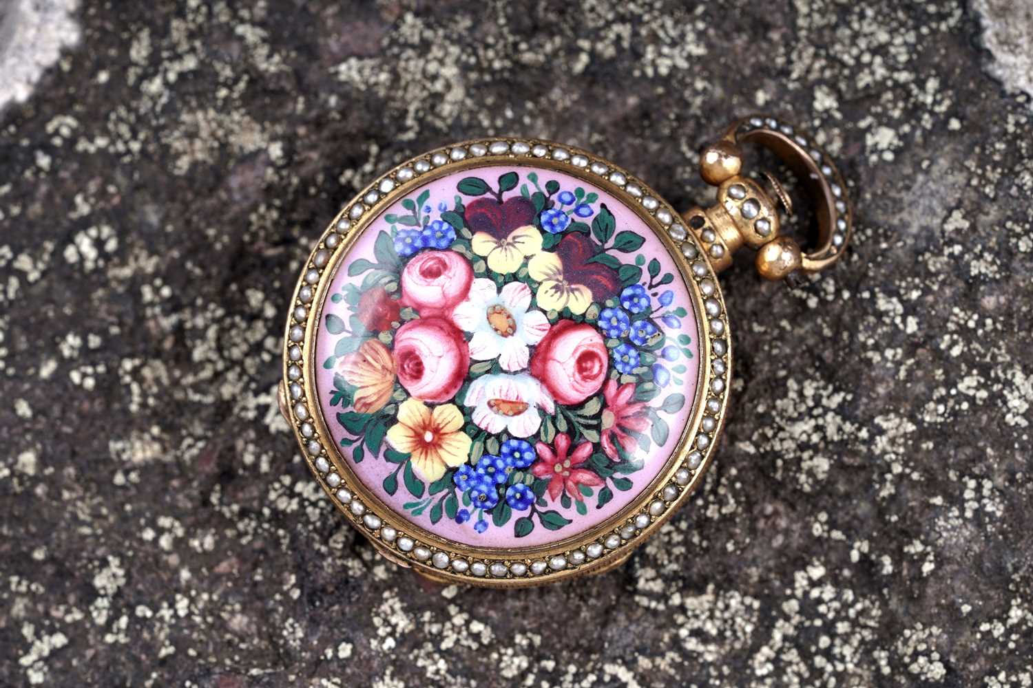 Lot 440 - Dimier & Cie, Geneva: a mid-19th Century gilt, enamel and pearl set gilt fob watch