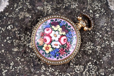 Lot 440 - Dimier & Cie, Geneva: a mid-19th Century gilt, enamel and pearl set gilt fob watch