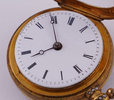 Lot 440 - Dimier & Cie, Geneva: a mid-19th Century gilt, enamel and pearl set gilt fob watch