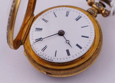Lot 440 - Dimier & Cie, Geneva: a mid-19th Century gilt, enamel and pearl set gilt fob watch
