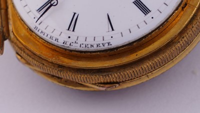 Lot 440 - Dimier & Cie, Geneva: a mid-19th Century gilt, enamel and pearl set gilt fob watch