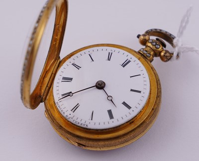 Lot 440 - Dimier & Cie, Geneva: a mid-19th Century gilt, enamel and pearl set gilt fob watch