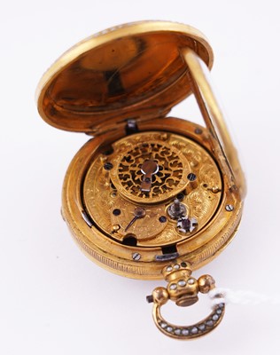 Lot 440 - Dimier & Cie, Geneva: a mid-19th Century gilt, enamel and pearl set gilt fob watch