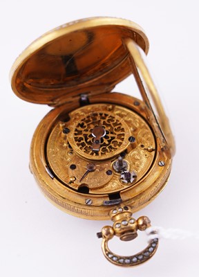 Lot 440 - Dimier & Cie, Geneva: a mid-19th Century gilt, enamel and pearl set gilt fob watch