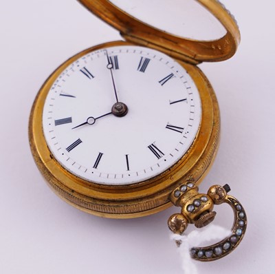 Lot 440 - Dimier & Cie, Geneva: a mid-19th Century gilt, enamel and pearl set gilt fob watch