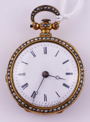 Lot 440 - Dimier & Cie, Geneva: a mid-19th Century gilt, enamel and pearl set gilt fob watch