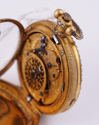 Lot 440 - Dimier & Cie, Geneva: a mid-19th Century gilt, enamel and pearl set gilt fob watch