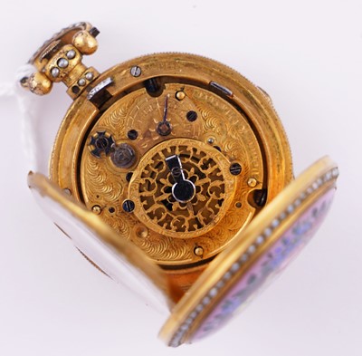 Lot 440 - Dimier & Cie, Geneva: a mid-19th Century gilt, enamel and pearl set gilt fob watch