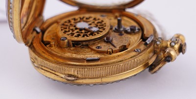 Lot 440 - Dimier & Cie, Geneva: a mid-19th Century gilt, enamel and pearl set gilt fob watch