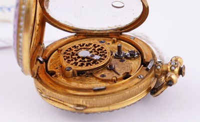 Lot 440 - Dimier & Cie, Geneva: a mid-19th Century gilt, enamel and pearl set gilt fob watch