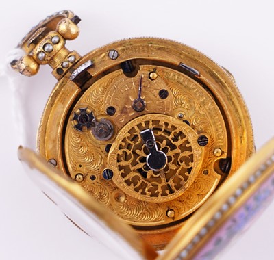 Lot 440 - Dimier & Cie, Geneva: a mid-19th Century gilt, enamel and pearl set gilt fob watch