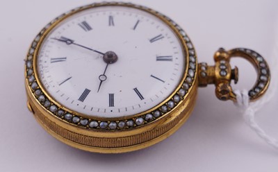 Lot 440 - Dimier & Cie, Geneva: a mid-19th Century gilt, enamel and pearl set gilt fob watch