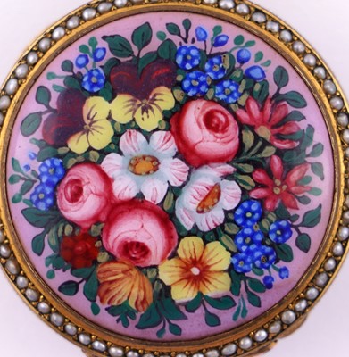 Lot 440 - Dimier & Cie, Geneva: a mid-19th Century gilt, enamel and pearl set gilt fob watch