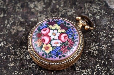 Lot 440 - Dimier & Cie, Geneva: a mid-19th Century gilt, enamel and pearl set gilt fob watch