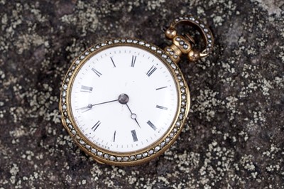 Lot 440 - Dimier & Cie, Geneva: a mid-19th Century gilt, enamel and pearl set gilt fob watch