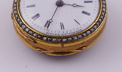 Lot 440 - Dimier & Cie, Geneva: a mid-19th Century gilt, enamel and pearl set gilt fob watch