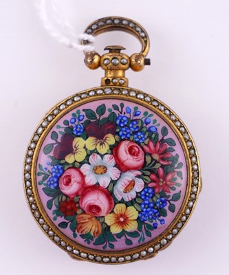 Lot 440 - Dimier & Cie, Geneva: a mid-19th Century gilt, enamel and pearl set gilt fob watch