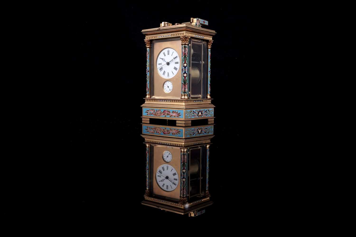 Lot 444 - French centre seconds grande sonnerie champlevé enamel carriage clock, made for the Chinese market