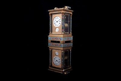 Lot 444 - French centre seconds grande sonnerie champlevé enamel carriage clock, made for the Chinese market