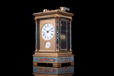 Lot 444 - French centre seconds grande sonnerie champlevé enamel carriage clock, made for the Chinese market