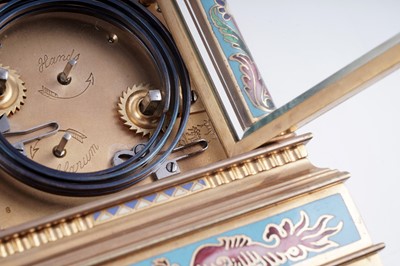 Lot 444 - French centre seconds grande sonnerie champlevé enamel carriage clock, made for the Chinese market