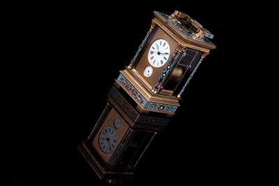 Lot 444 - French centre seconds grande sonnerie champlevé enamel carriage clock, made for the Chinese market