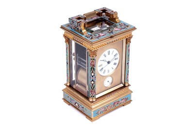 Lot 444 - French centre seconds grande sonnerie champlevé enamel carriage clock, made for the Chinese market