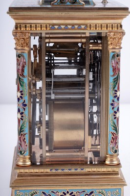 Lot 444 - French centre seconds grande sonnerie champlevé enamel carriage clock, made for the Chinese market