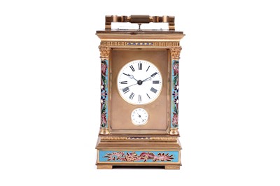 Lot 444 - French centre seconds grande sonnerie champlevé enamel carriage clock, made for the Chinese market