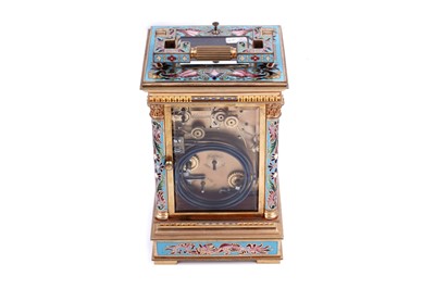 Lot 444 - French centre seconds grande sonnerie champlevé enamel carriage clock, made for the Chinese market