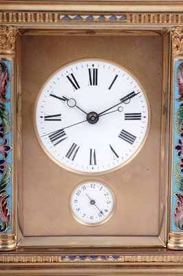 Lot 444 - French centre seconds grande sonnerie champlevé enamel carriage clock, made for the Chinese market